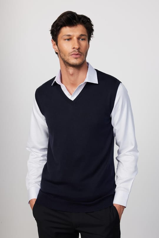 Slim Fit Dar Kesim V Yaka Kendinden Desenli Lacivert Erkek Süveter