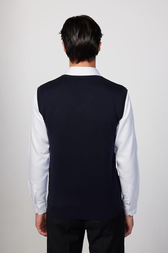 Slim Fit Dar Kesim V Yaka Kendinden Desenli Lacivert Erkek Süveter