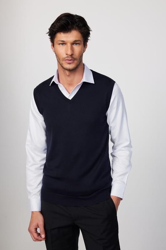 Slim Fit Dar Kesim V Yaka Kendinden Desenli Lacivert Erkek Süveter