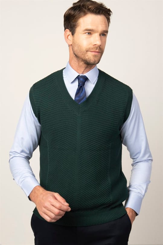 Erkek Slim Fit V Yaka Kendinden Desenli Yeşil Süveter