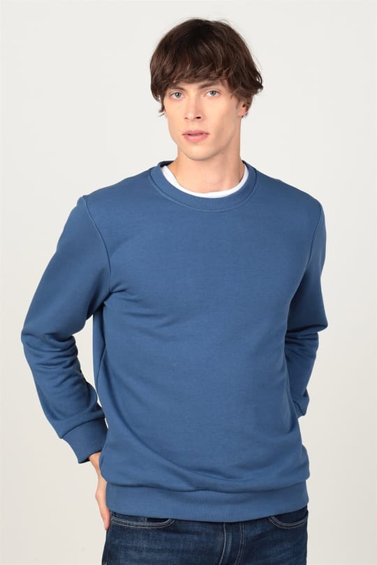 Unisex Relax Fit Rahat Kesim Pamuklu 3 İplik İçi Polarlı Basic İndigo Bisiklet Yaka Sweatshirt