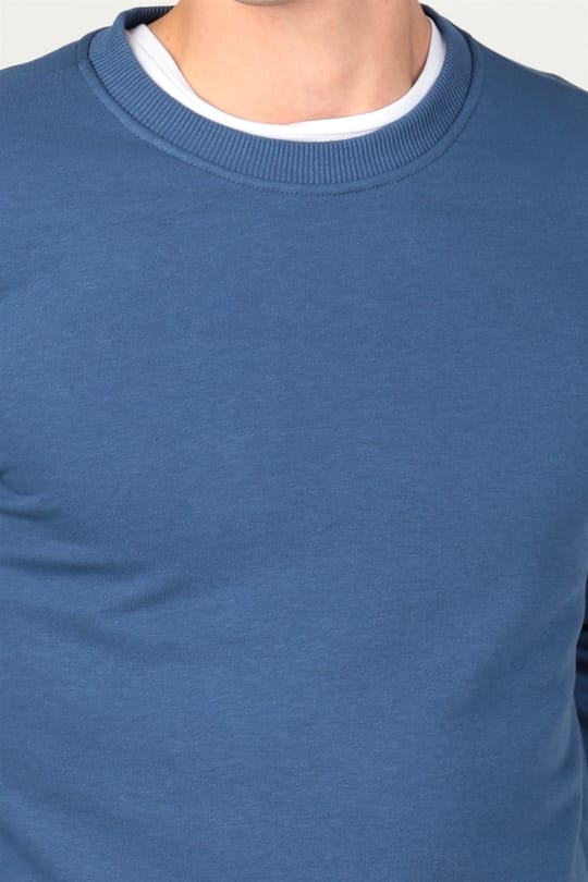 Unisex Relax Fit Rahat Kesim Pamuklu 3 İplik İçi Polarlı Basic İndigo Bisiklet Yaka Sweatshirt