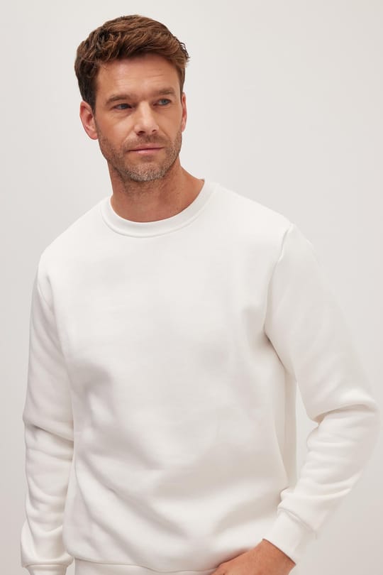Unisex Relax Fit Rahat Kesim Pamuklu 3 İplik İçi Polarlı Beyaz Bisiklet Yaka Sweatshirt