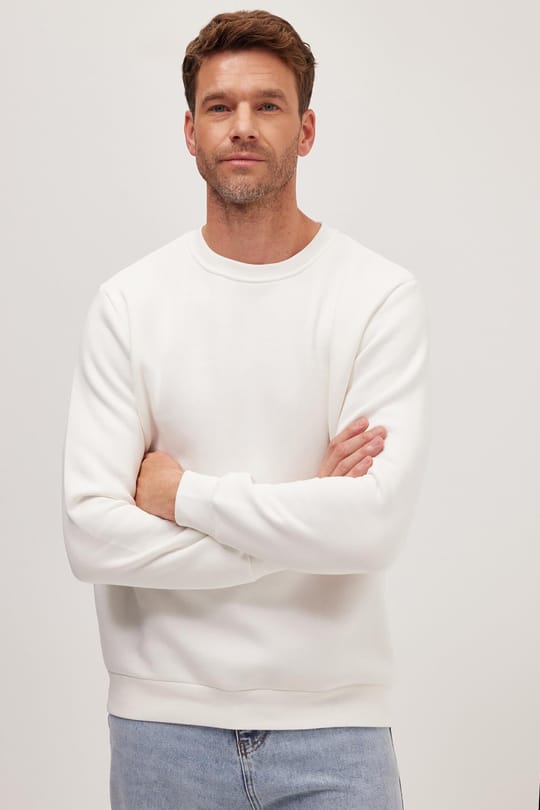Unisex Relax Fit Rahat Kesim Pamuklu 3 İplik İçi Polarlı Beyaz Bisiklet Yaka Sweatshirt
