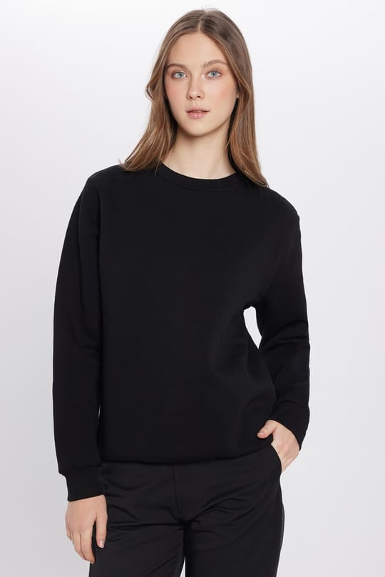 Unisex Relax Fit Rahat Kesim Pamuklu 3 İplik İçi Polarlı Basic Siyah Bisiklet Yaka Sweatshirt