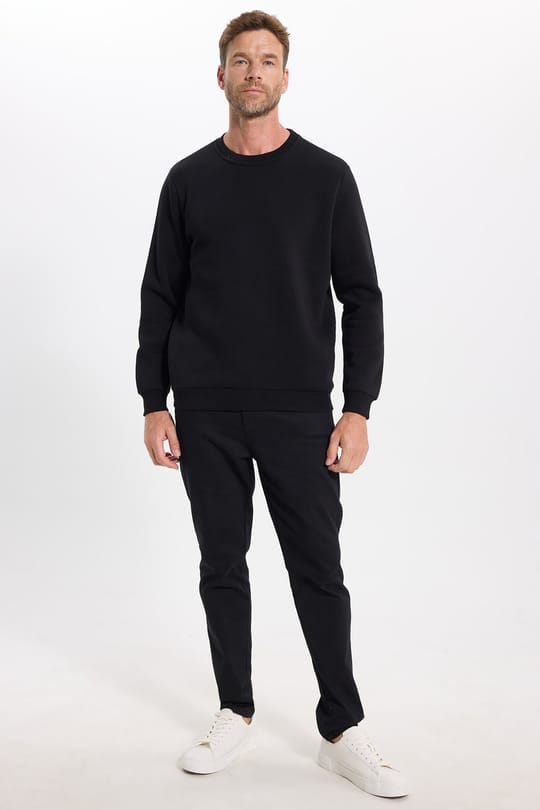 Unisex Relax Fit Rahat Kesim Pamuklu 3 İplik İçi Polarlı Basic Siyah Bisiklet Yaka Sweatshirt