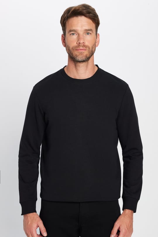 Unisex Relax Fit Rahat Kesim Pamuklu 3 İplik İçi Polarlı Basic Siyah Bisiklet Yaka Sweatshirt