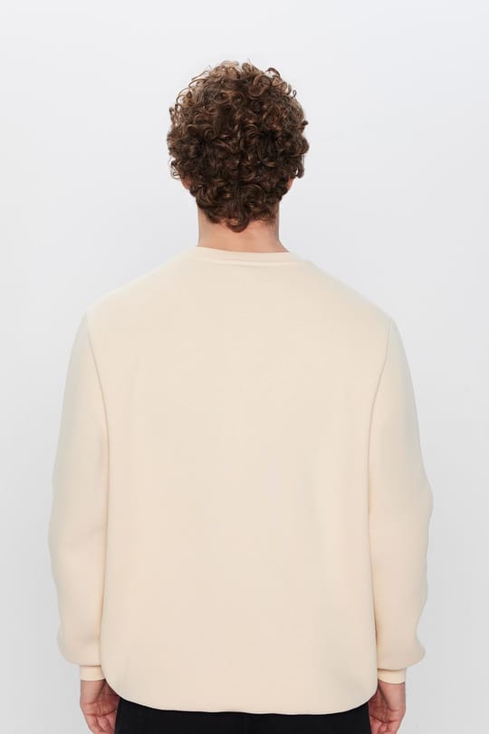 Unisex Relax Fit Rahat Kesim Pamuklu 3 İplik İçi Polarlı Bej Renk Bisiklet Yaka Sweatshirt