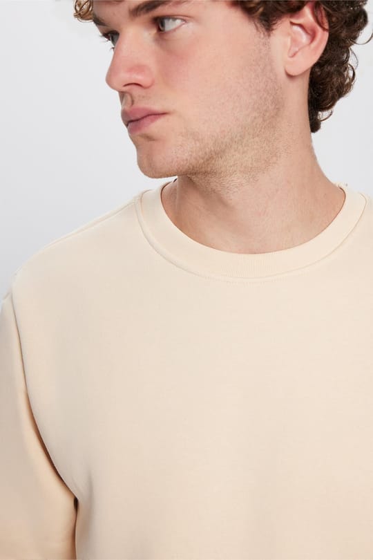 Unisex Relax Fit Rahat Kesim Pamuklu 3 İplik İçi Polarlı Bej Renk Bisiklet Yaka Sweatshirt