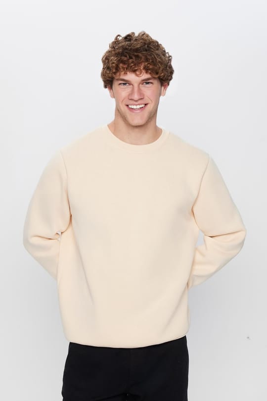 Unisex Relax Fit Rahat Kesim Pamuklu 3 İplik İçi Polarlı Bej Renk Bisiklet Yaka Sweatshirt