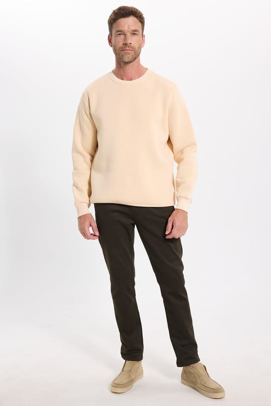 Unisex Relax Fit Rahat Kesim Pamuklu 3 İplik İçi Polarlı Bej Renk Bisiklet Yaka Sweatshirt