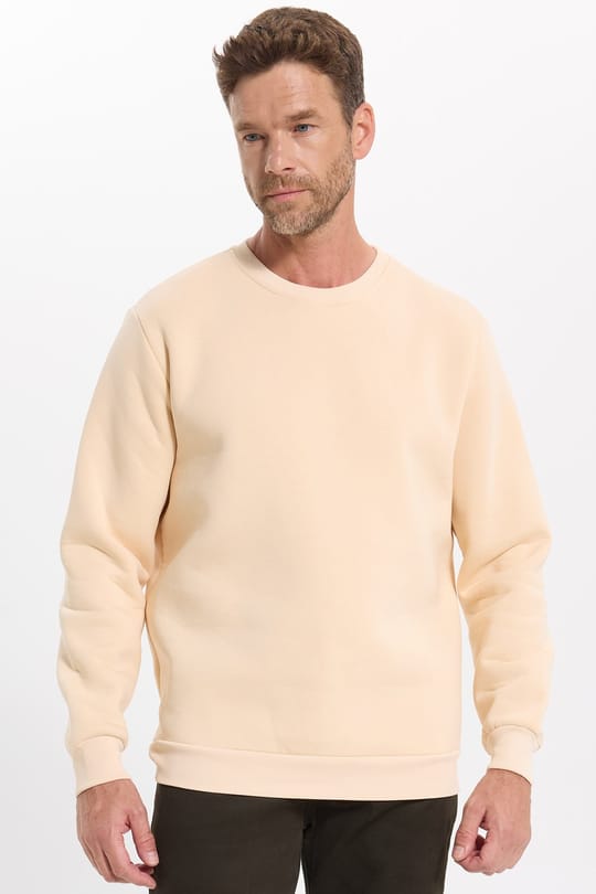 Unisex Relax Fit Rahat Kesim Pamuklu 3 İplik İçi Polarlı Bej Renk Bisiklet Yaka Sweatshirt