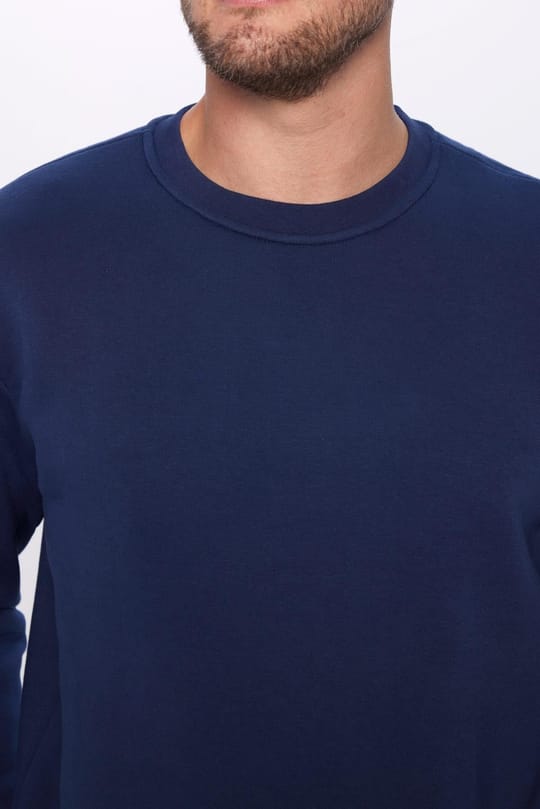 Unisex Relax Fit Rahat Kesim Pamuklu 3 İplik Polarlı Basic Lacivert Bisiklet Yaka Sweatshirt