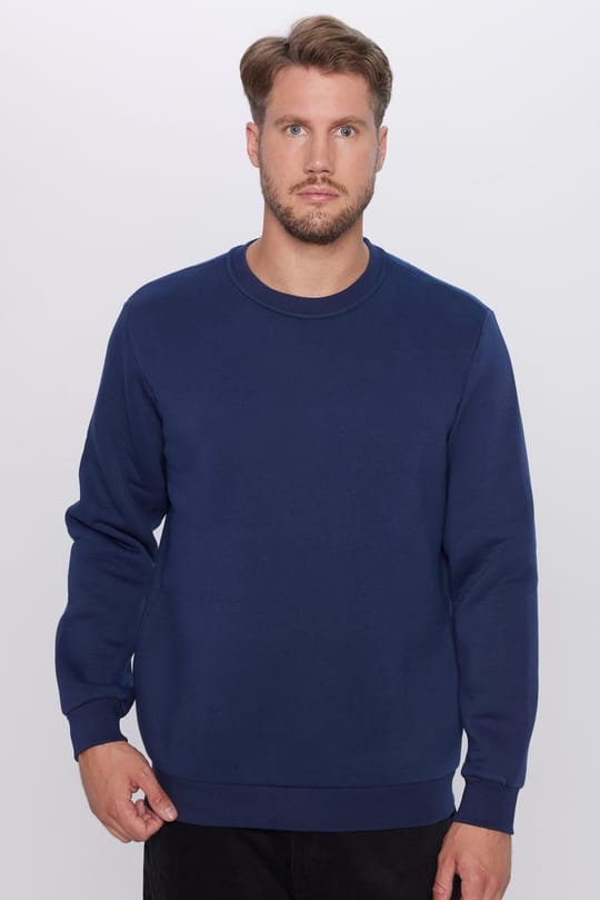 Unisex Relax Fit Rahat Kesim Pamuklu 3 İplik Polarlı Basic Lacivert Bisiklet Yaka Sweatshirt