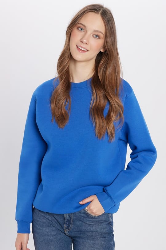 Unisex Relax Fit Rahat Kesim Pamuklu 3 İplik Polarlı Basic Saks Mavi Bisiklet Yaka Sweatshirt
