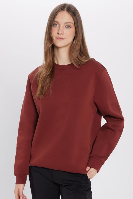 Unisex Relax Fit Rahat Kesim Pamuklu 3 İplik İçi Polarlı Basic Kahverengi Bisiklet Yaka Sweatshirt