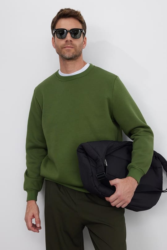 Unisex Relax Fit Rahat Kesim Pamuklu 3 İplik İçi Polarlı Basic Yeşil Bisiklet Yaka Sweatshirt