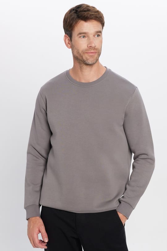 Unisex Relax Fit Rahat Kesim Pamuklu Yumuşak Dokulu İçi Polarlı Basic Gri Bisiklet Yaka Sweatshirt