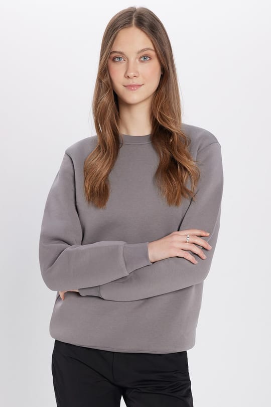 Unisex Relax Fit Rahat Kesim Pamuklu 3 İplik İçi Polarlı Basic Gri Bisiklet Yaka Sweatshirt
