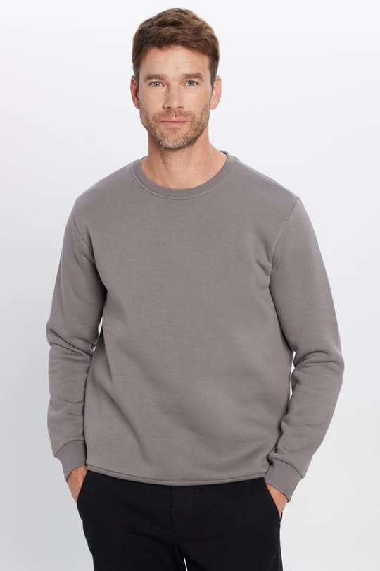 Unisex Relax Fit Rahat Kesim Pamuklu 3 İplik İçi Polarlı Basic Gri Bisiklet Yaka Sweatshirt