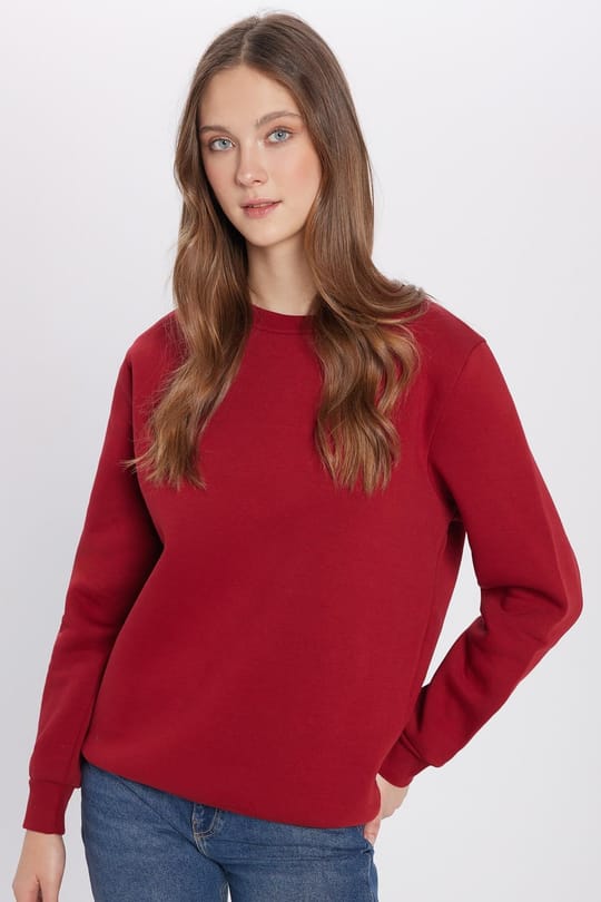 Unisex Relax Fit Rahat Kesim Pamuklu 3 İplik İçi Polarlı Basic Bordo Bisiklet Yaka Sweatshirt