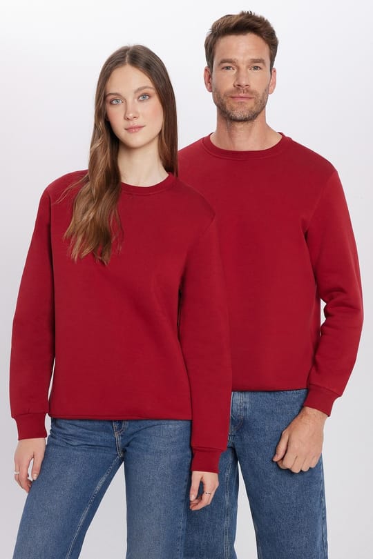 Unisex Relax Fit Rahat Kesim Pamuklu 3 İplik İçi Polarlı Basic Bordo Bisiklet Yaka Sweatshirt