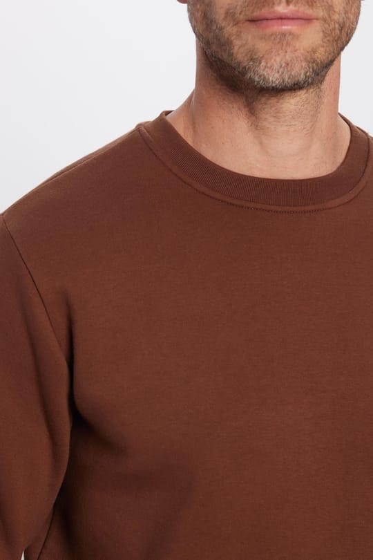Unisex Relax Fit Rahat Kesim Pamuklu 3 İplik İçi Polarlı Basic Kahverengi Bisiklet Yaka Sweatshirt