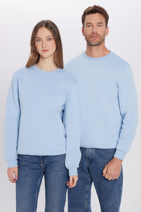 Unisex Relax Fit Rahat Kesim Pamuklu 3 İplik İçi Polarlı Basic Mavi Bisiklet Yaka Sweatshirt