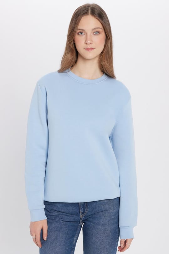 Unisex Relax Fit Rahat Kesim Pamuklu 3 İplik İçi Polarlı Basic Mavi Bisiklet Yaka Sweatshirt