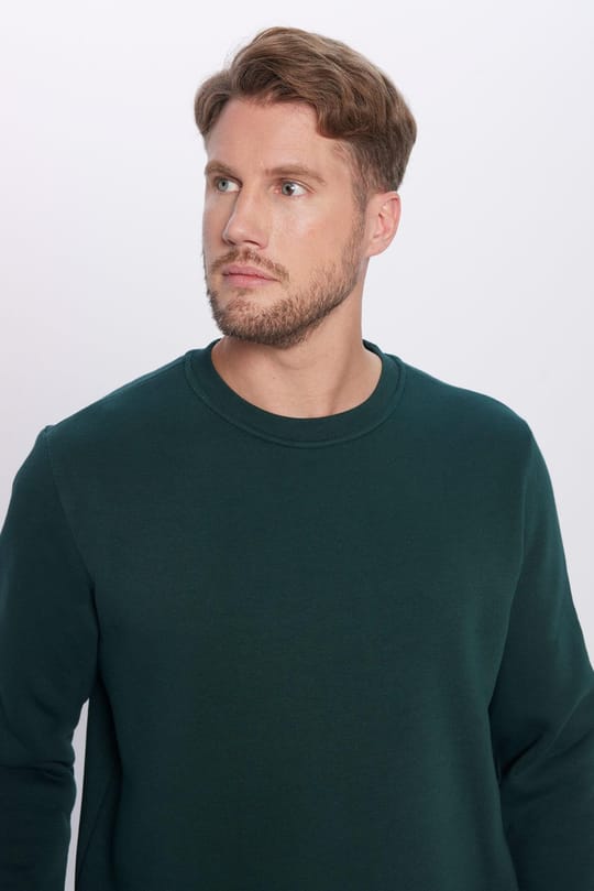 Unisex Relax Fit Rahat Kesim Pamuklu 3 İplik İçi Polarlı Basic Yeşil Bisiklet Yaka Sweatshirt