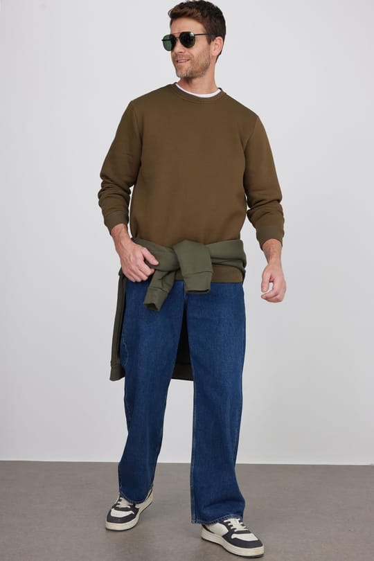 Unisex Relax Fit Rahat Kesim Pamuklu 3 İplik İçi Polarlı Yeşil Bisiklet Yaka Sweatshirt