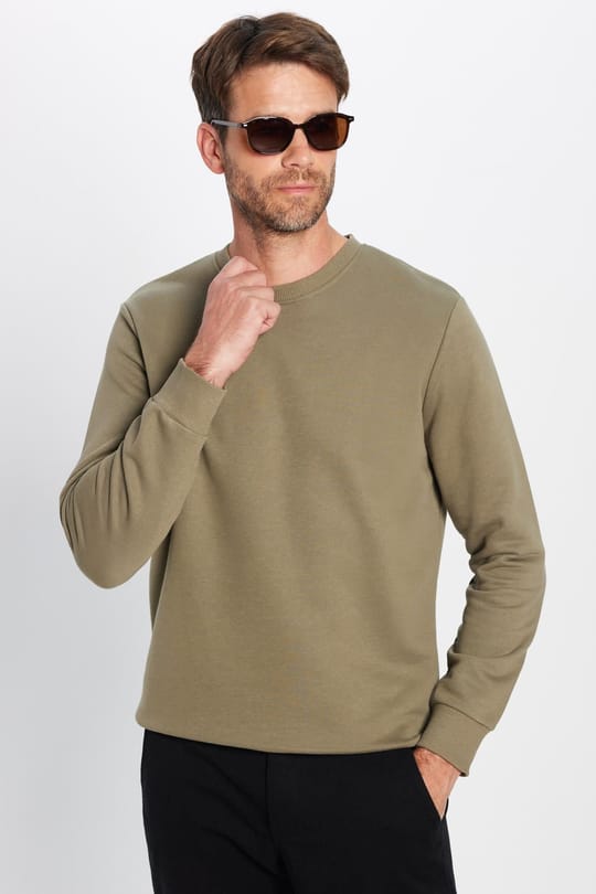 Unisex Relax Fit Rahat Kesim Pamuklu 3 İplik İçi Polarlı Basic Yeşil Bisiklet Yaka Sweatshirt