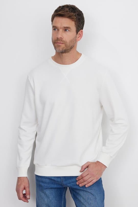 Unisex Relax Fit Rahat Kesim %100 Pamuk 3 İplik Basic Beyaz Bisiklet Yaka Sweatshirt
