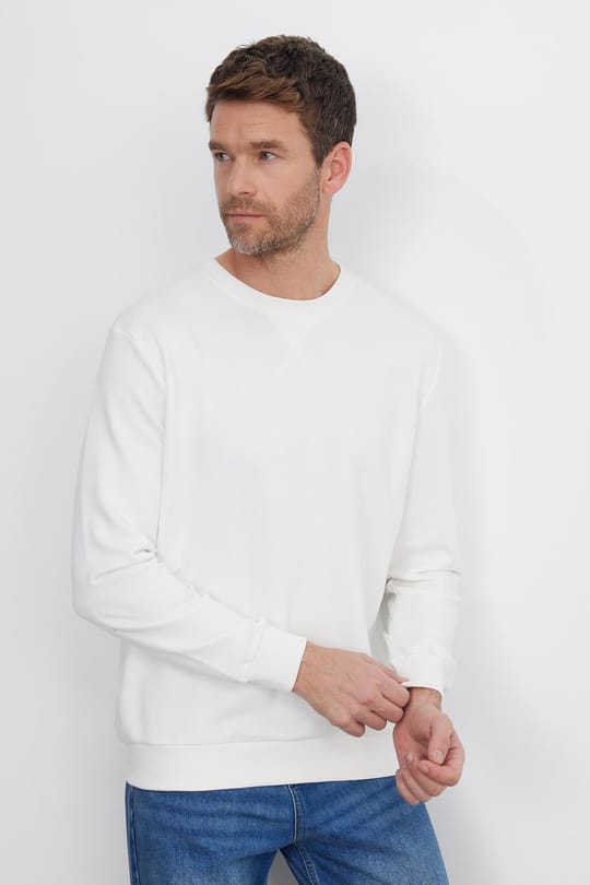 Unisex Relax Fit Rahat Kesim %100 Pamuk 3 İplik Basic Beyaz Bisiklet Yaka Sweatshirt