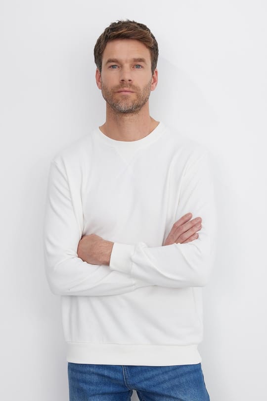 Unisex Relax Fit Rahat Kesim %100 Pamuk 3 İplik Basic Beyaz Bisiklet Yaka Sweatshirt