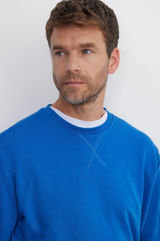 Unisex Relax Fit Rahat Kesim %100 Pamuk 3 İplik Basic Saks Mavi Bisiklet Yaka Sweatshirt