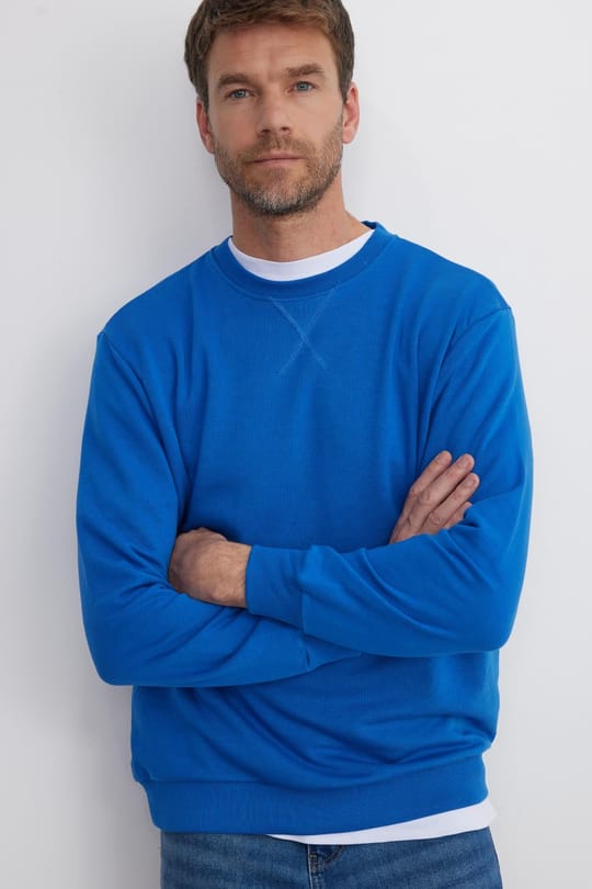 Unisex Relax Fit Rahat Kesim %100 Pamuk Basic Saks Mavi Bisiklet Yaka Sweatshirt