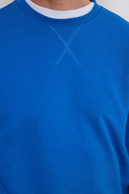 Unisex Relax Fit Rahat Kesim %100 Pamuk 3 İplik Basic Saks Mavi Bisiklet Yaka Sweatshirt