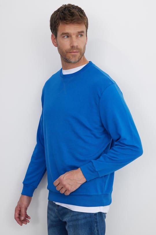 Unisex Relax Fit Rahat Kesim %100 Pamuk 3 İplik Basic Saks Mavi Bisiklet Yaka Sweatshirt