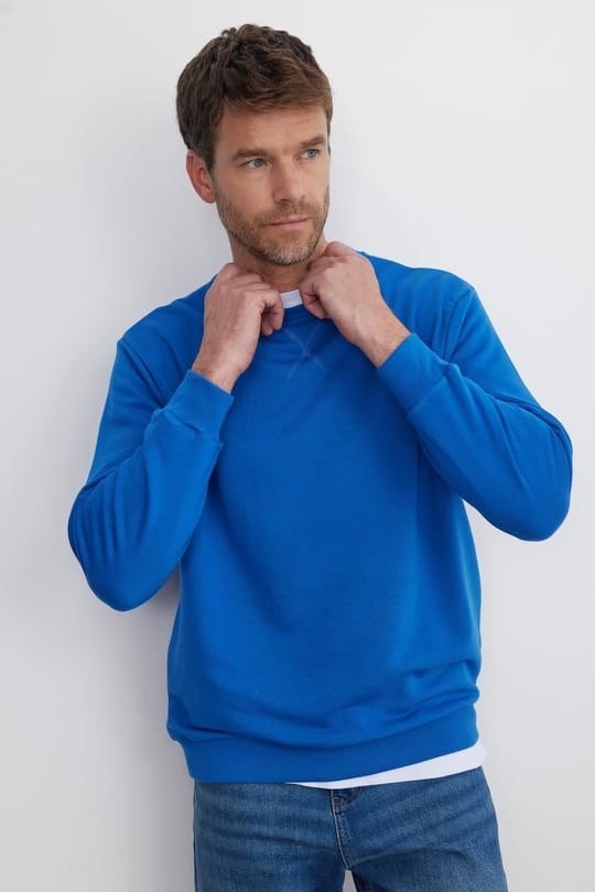 Unisex Relax Fit Rahat Kesim %100 Pamuk 3 İplik Basic Saks Mavi Bisiklet Yaka Sweatshirt