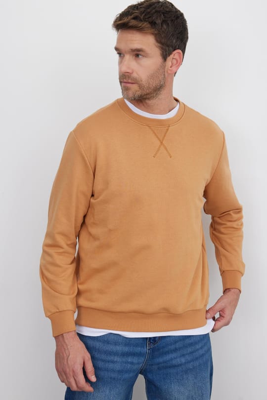 Unisex Relax Fit Rahat Kesim %100 Pamuk 3 İplik Basic Camel Bisiklet Yaka Sweatshirt