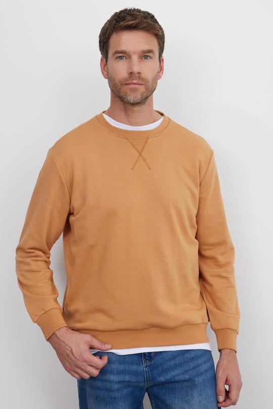 Unisex Relax Fit Rahat Kesim %100 Pamuk 3 İplik Basic Camel Bisiklet Yaka Sweatshirt