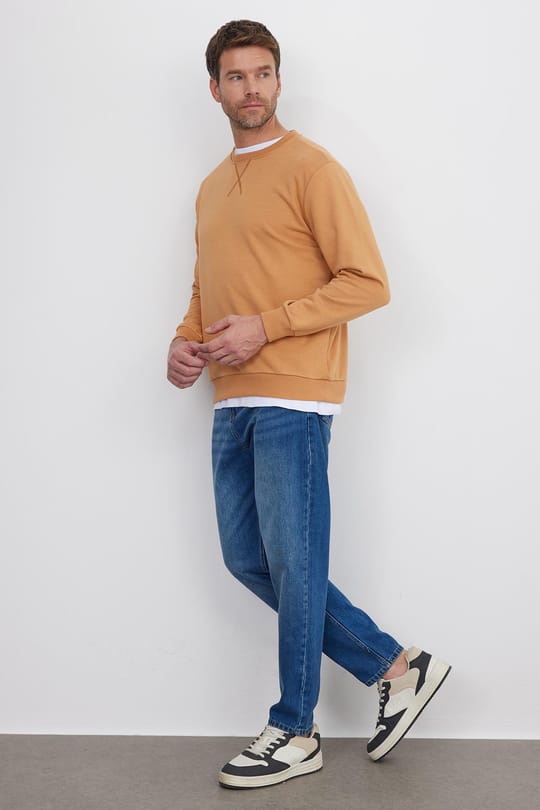Unisex Relax Fit Rahat Kesim %100 Pamuk 3 İplik Basic Camel Bisiklet Yaka Sweatshirt