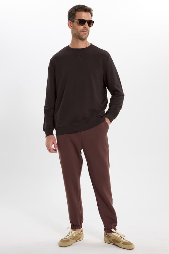 Unisex Relax Fit Rahat Kesim %100 Pamuk 3 İplik Basic Kahverengi Bisiklet Yaka Sweatshirt