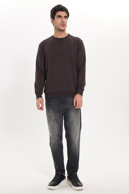 Unisex Relax Fit Rahat Kesim %100 Pamuk 3 İplik Basic Kahverengi Bisiklet Yaka Sweatshirt