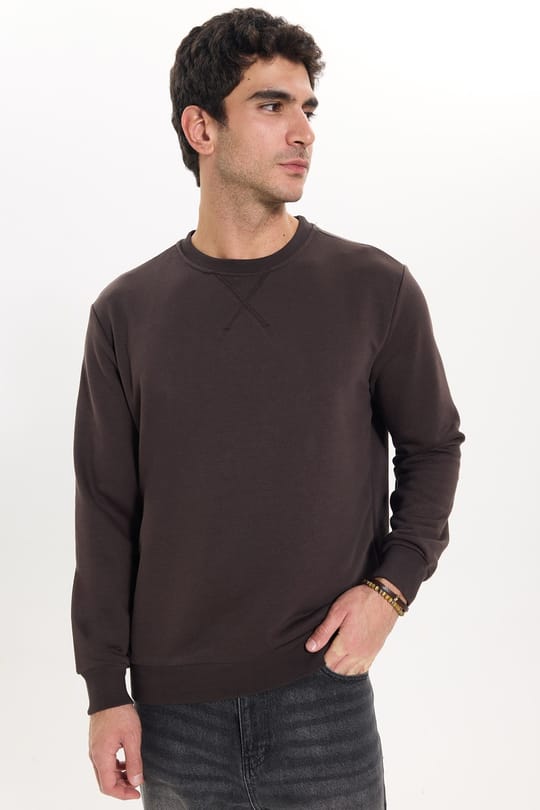 Unisex Relax Fit Rahat Kesim %100 Pamuk 3 İplik Basic Kahverengi Bisiklet Yaka Sweatshirt