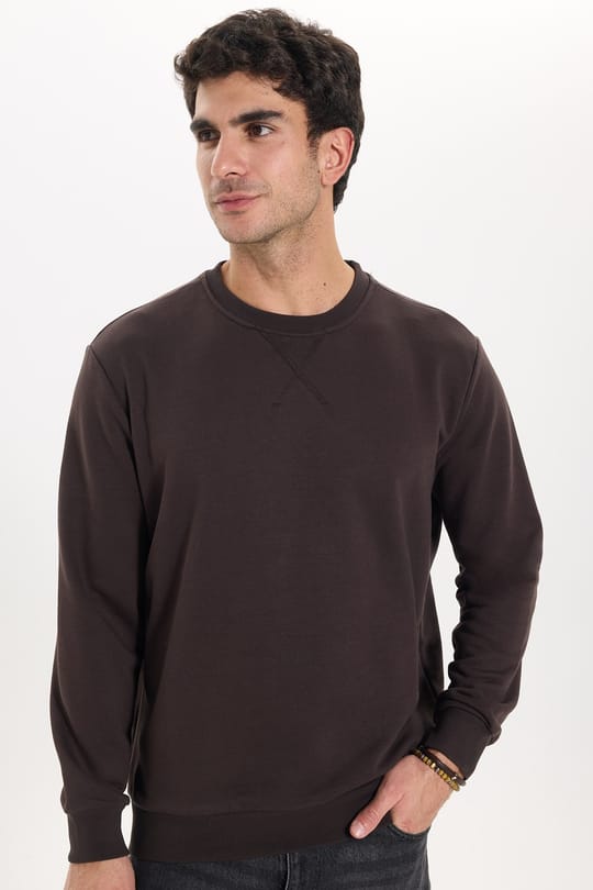 Unisex Relax Fit Rahat Kesim %100 Pamuk 3 İplik Basic Kahverengi Bisiklet Yaka Sweatshirt