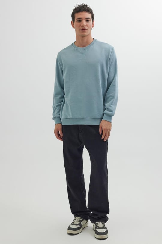 Unisex Relax Fit Rahat Kesim %100 Pamuk 3 İplik Basic Mavi Bisiklet Yaka Sweatshirt