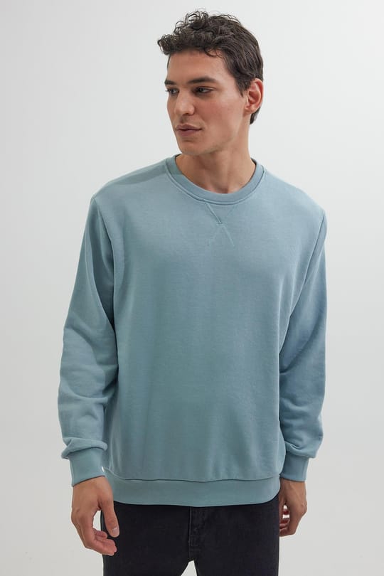Unisex Relax Fit Rahat Kesim %100 Pamuk 3 İplik Basic Mavi Bisiklet Yaka Sweatshirt