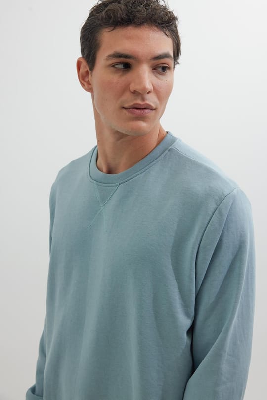 Unisex Relax Fit Rahat Kesim %100 Pamuk 3 İplik Basic Mavi Bisiklet Yaka Sweatshirt